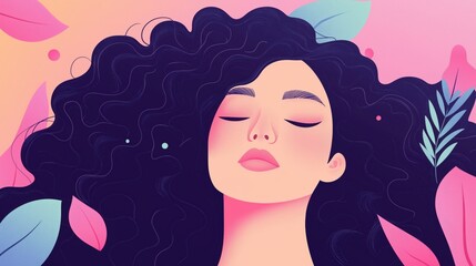 Serene woman with flowing hair amidst colorful leaves and pink background illustrates tranquility and beauty in contemporary digital art style
