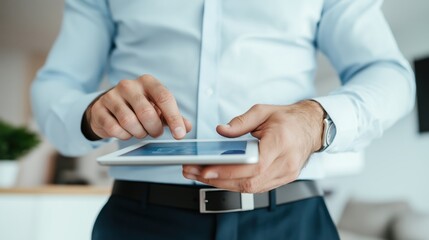 Businessman in blue shirt utilizing tablet touchscreen close-up of hand gestures in a modern workplace setting, emphasizing digital technology use and professionalism
