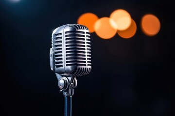 Vintage microphone against dark background with blurred lights. Classic retro design. Great for music themed projects. Suitable for entertainment music events. Perfect for vintage audio equipment.