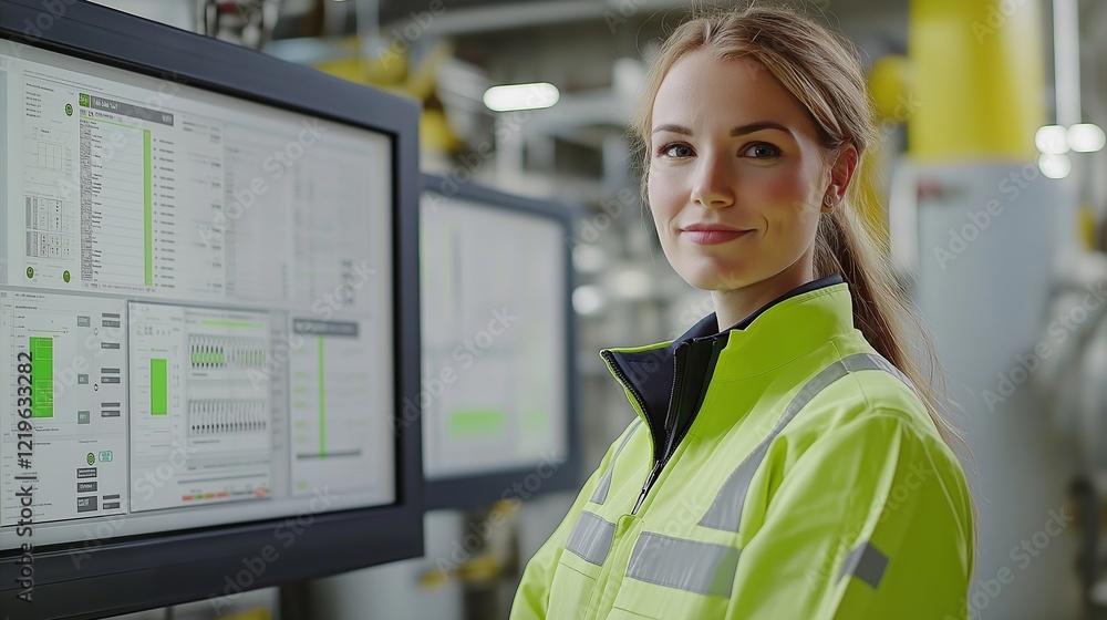 Poster smiling female engineer in high-visibility workwear, monitoring industrial systems on computer scree