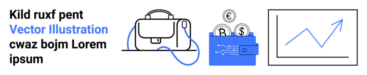 Black and blue briefcase, wallet with coins, and upward trending graph. Ideal for business presentations, financial reports, economic analysis, investment portfolios, fintech apps, startup pitches