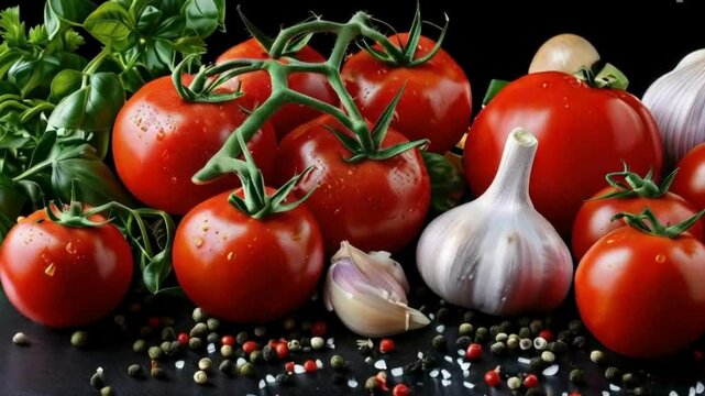 Bright red tomatoes paired with fresh garlic cloves and aromatic herbs, perfect ingredients for a savory culinary creation

