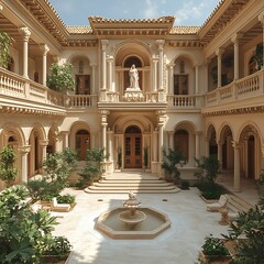 Tranquil courtyard neoclassical architecture marble statues high resolution image