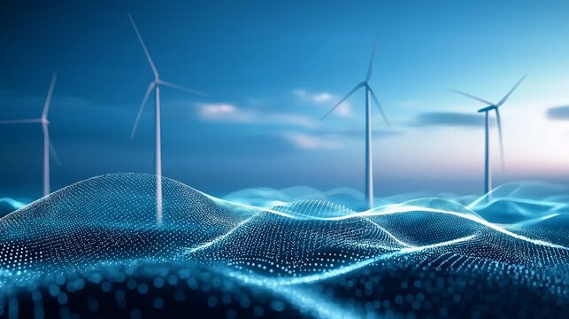 digital landscape with glowing blue waves and wind turbines symbolizing renewable energy, innovation, and sustainable technology advancement, Generative AI