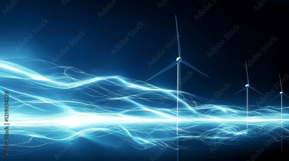 Poster dynamic electric energy visualization with wind turbines against a night sky, symbolizing sustainabl