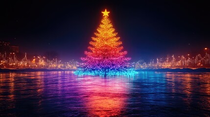 Fototapeta premium A brightly lit, colorful Christmas tree with multi-colored lights,