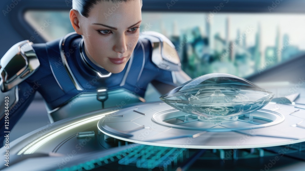 Poster a futuristic woman in a spacesuit examines a transparent, dome-shaped object on a high-tech console.