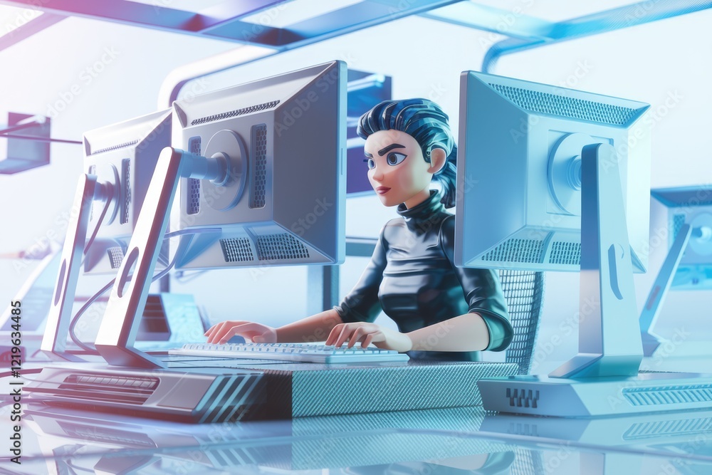 Aufkleber a stylized female character is working on multiple computer screens in a futuristic office setting.