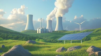 Renewable energy sources including wind turbines and solar panels beside nuclear power plant emitting steam in a lush green landscape, Generative AI