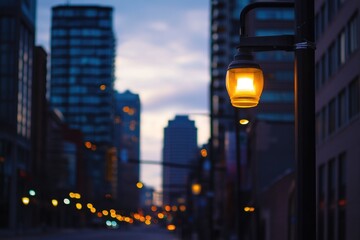 Street light shining bright on a city street at night