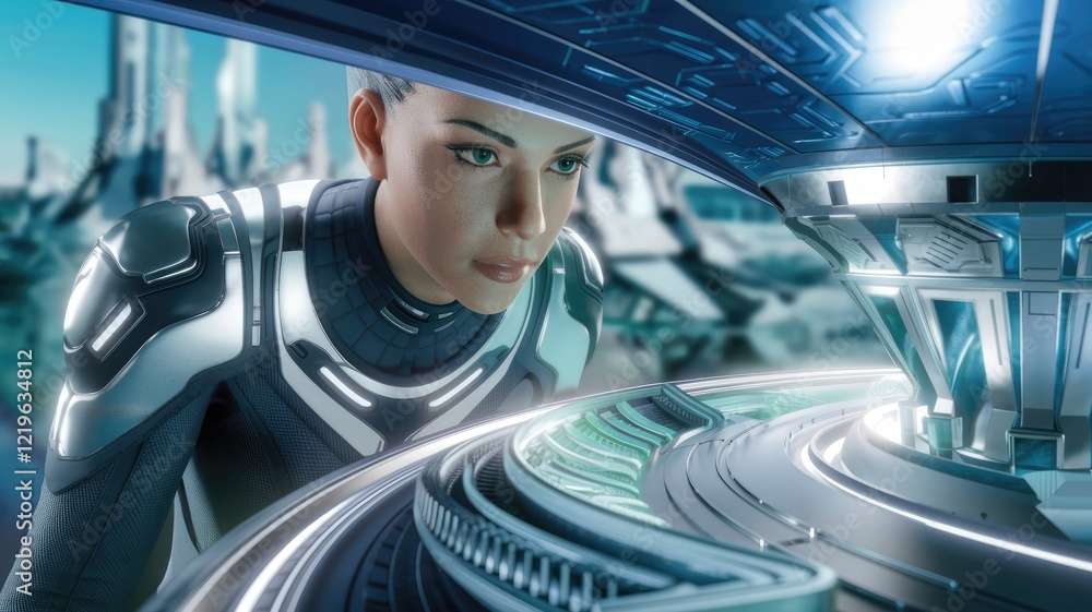 Poster A futuristic female astronaut in a sleek spacesuit examines a complex technological structure in a futuristic city.