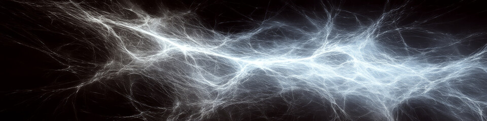 Electric white streaks on a black background weave through the image. Concept of energy or movement. For abstract design.