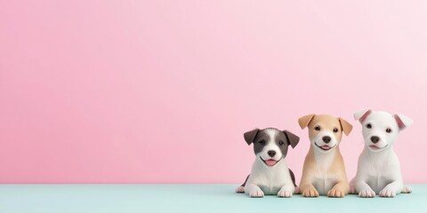 Three puppies are laying on a table in front of a pink background. The puppies are all different colors and sizes, but they all have the same happy expression on their faces. The scene is cheerful