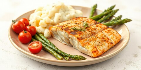 Grilled salmon served on a beige plate with mashed potatoes, asparagus, and cherry tomatoes arranged artfully, side dish, fish