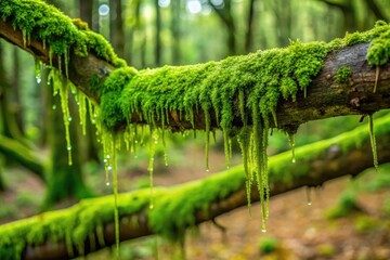 Green slime covering a tree branch in the forest with moss and vines, science, nature, biology, green trees, tree branches