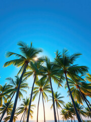 Obraz premium Green palm trees standing tall against a bright blue sky with the sun shining through their leaves in Goa, goa, ocean backdrop