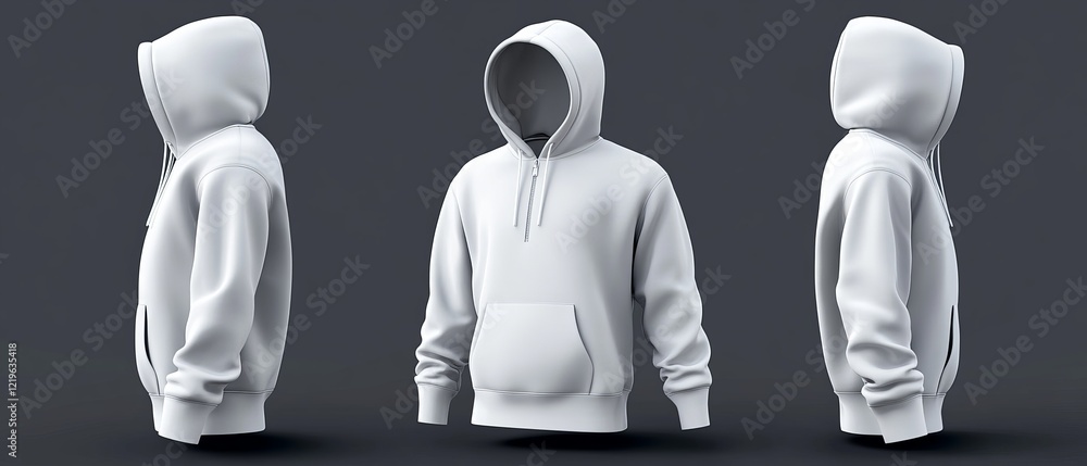 Poster this 3d mockup showcases a hooded sweatshirt with a front zipper. its displayed from multiple angles