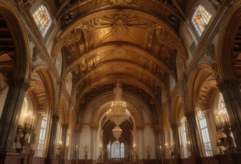 Fototapeta premium Grandiose vaulted ceiling with golden accents and ornate details, vaulted, accents