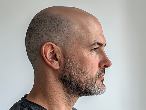 The man in the photo before his arter haircut with hair loss: bald and pompadour transplanted hair and profile fade on the fade side his profile