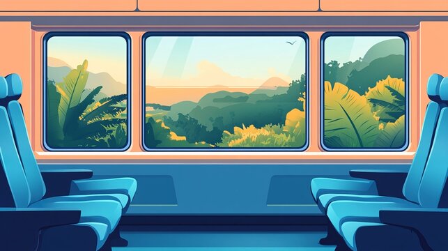 A flat vector illustration of a modern passenger train&acirc;&euro;&trade;s interior, with a window offering views of nature as the train travels along the railway