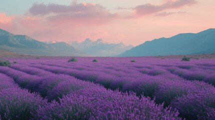 Obraz premium Serene Lavender Field in Full Bloom, Featuring Rows of Purple Flowers Extending Towards a Distant Mountain Range