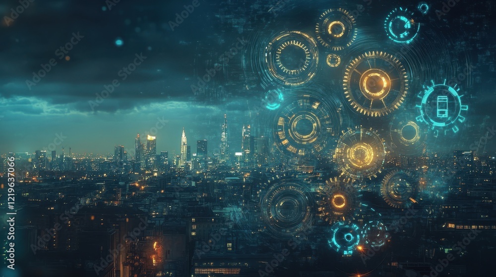 Poster futuristic interface transforming a night cityscape with digital gears, symbolizing the integration 