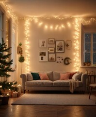 Glittering fairy lights adorn a cozy living room on a festive Christmas day, festive atmosphere, glittering fairy lights