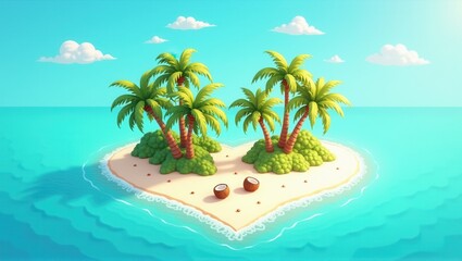 A heart-shaped tropical island with palm trees, golden sand, and coconuts surrounded by turquoise water under a bright blue sky with fluffy clouds. Generative, AI,