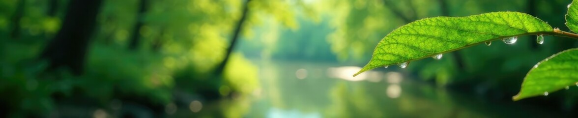 Glistening dew drops on leaves of trees along Kurchum River, nature, tree