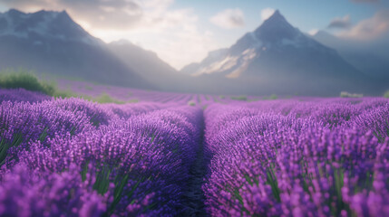 Fototapeta premium Serene Lavender Field in Full Bloom, Featuring Rows of Purple Flowers Extending Towards a Distant Mountain Range