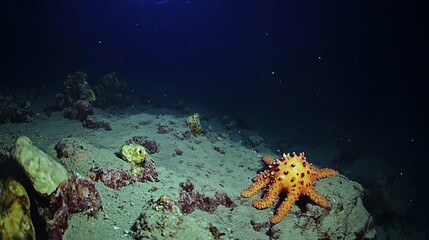 Fototapeta premium Orange Spiny Starfish Underwater Ocean Deep Sea Floor Sandy Bottom Habitat Wildlife Nature Reef Dive Coral Rocks Photo Image World Marine Animal Diving Texture 