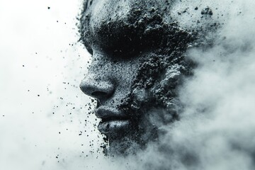 A close-up portrait of a man's face, shot in monochrome