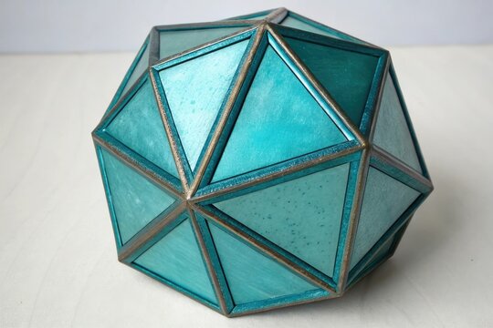 Geometric shape with blue green metallic sheen, luminous patterns, reflective geometry, metallic accents