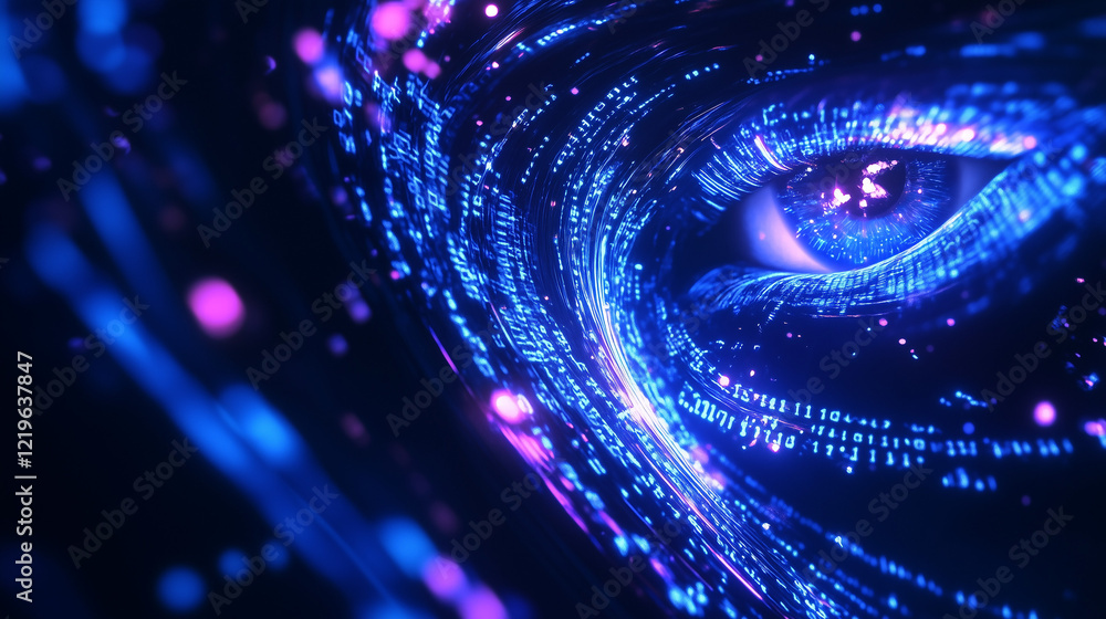 Poster binary code background, eye and like optical fibres