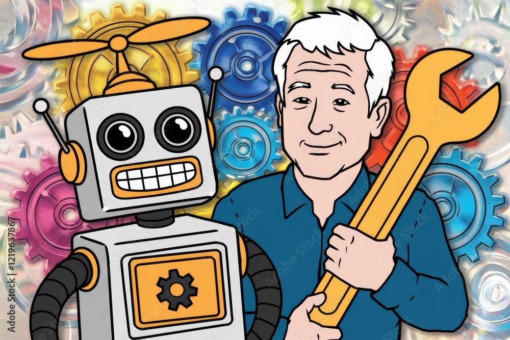 Aufkleber A friendly robot and a mechanic collaborate on a project, surrounded by colorful gears.