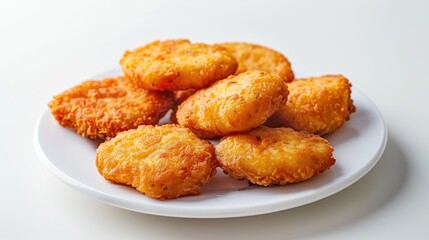 Fast food, golden chicken nuggets on a plate, on white background