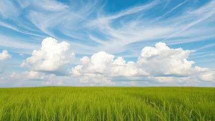 Obraz premium Gentle wispy cumulus clouds float above a lush green meadow on a warm summer afternoon, outdoor landscape, sunny sky