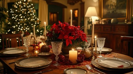 Festive Christmas table setting, candles, poinsettias, home, holiday