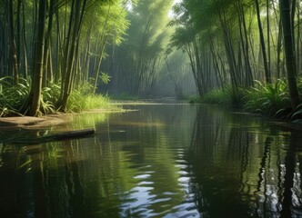 Fototapeta premium Gentle ripples on the pond in a bamboo forest, gentle ripples, bamboo forest