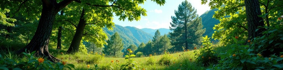 Fototapeta premium Foliage in a forest with scattered sunlight and shadows, blue sky above, branch outlines, forest landscape