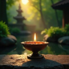 Flickering flames of oil lamp in peaceful temple garden, stillness, oil