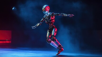 Futuristic Robot in Motion with Vibrant Lighting and Dark Background Sci Fi Dance