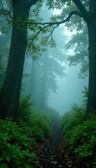 Obraz premium Dense foggy forest with misty greenery and low-hanging branches, atmosphere, foliage