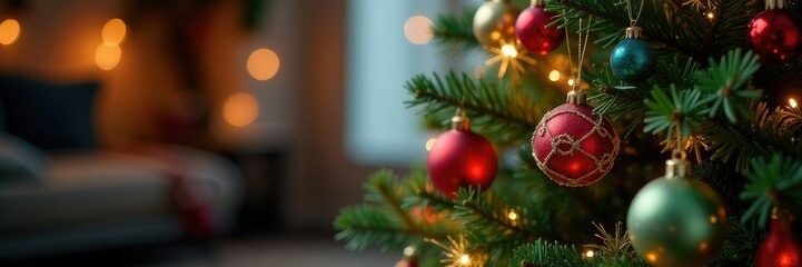 Decorated Christmas tree with lights and ornaments, festive holiday decorations, colorful ornaments