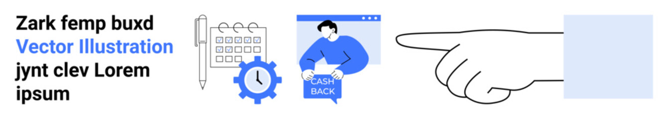 Collection of business-themed elements including a calendar with a pencil, gear with clock, user interface with person, and pointing hand. Ideal for project management, time tracking, user