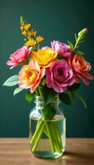 Fototapeta premium Colorful flowers in a glass jar with greenery, vase, nature, glass