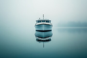 Obraz premium Calm morning at a tranquil lake with a boat gliding through misty waters