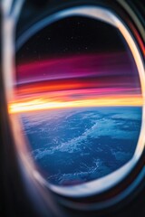 Fototapeta premium Aerial view of the Earth's surface taken from an airplane window, showing clouds and landscape below