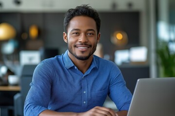 Obraz premium Young confident man smiles at camera. Sits at desk in modern office. Working on laptop. Looks pro. Modern businessman in office setting. Happy, successful. Focus on tech, career. Likely programmer