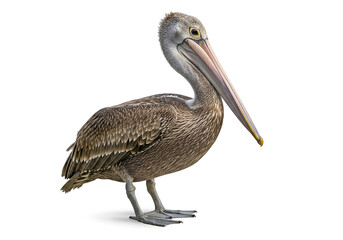Pelican bird full body standing isolated on white background